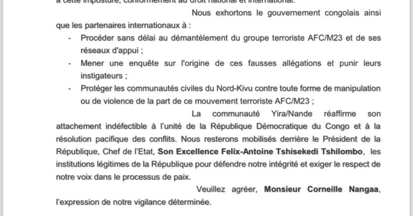 Nord-Kivu : La communauté Yira/Nande dénonce les manipulations du mouvement AFC/M23 et l’usurpation de son soutien