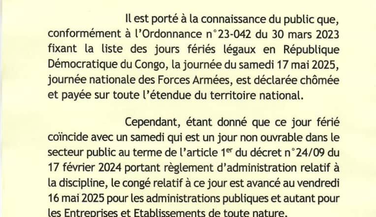 RDC : Le congé de la Journée nationale des FARDC anticipé au 16 mai 2025